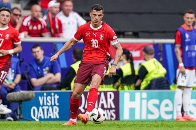 2024-06-15 Hungary v Switzerland - Group A - UEFA EURO, EM, Europameisterschaft,Fussball 2024 COLOGNE, GERMANY - JUNE 15: Granit Xhaka of Switzerland dribbles during the Group A - UEFA EURO 2024 match between Hungary and Switzerland at Cologne Stadium on June 15, 2024 in Cologne, Germany. (Photo by Joris Verwijst BSR Agency) Cologne Germany Content not available for redistribution in The Netherlands directly or indirectly through any third parties. Copyright: xBSRxAgencyx