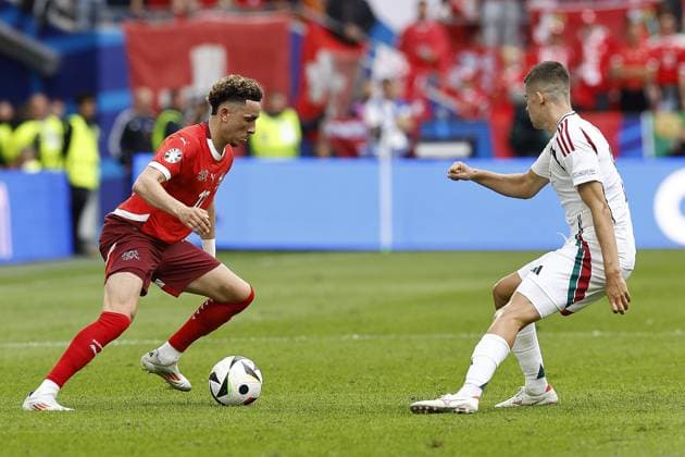 COLOGNE, RheinEnergie Stadium, 15-06-2024 , European Football Championship Euro2024, Group stage match no.2 between Hungary and Switzerland. Hungary player Adam Nagy and Switzerland player Ruben Vargas Hungary - Switzerland (Euro2024)  x25494976x Copyright: