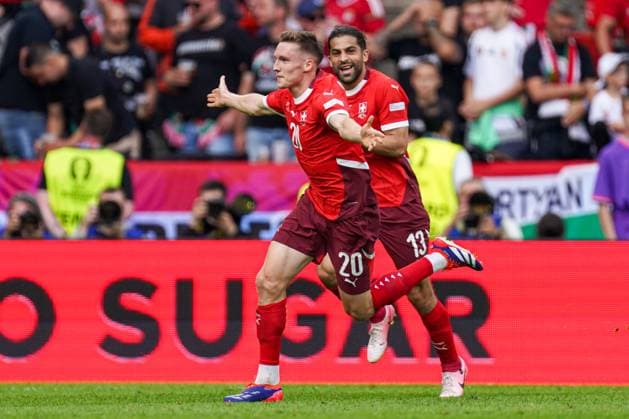 2024-06-15 Hungary v Switzerland - Group A - UEFA EURO, EM, Europameisterschaft,Fussball 2024 COLOGNE, GERMANY - JUNE 15: Michel Aebischer of Switzerland celebrate the second goal during the Group A - UEFA EURO 2024 match between Hungary and Switzerland at Cologne Stadium on June 15, 2024 in Cologne, Germany. (Photo by Joris Verwijst BSR Agency) Cologne Germany Content not available for redistribution in The Netherlands directly or indirectly through any third parties. Copyright: xBSRxAgencyx