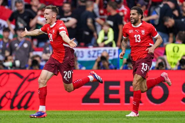 2024-06-15 Hungary v Switzerland - Group A - UEFA EURO, EM, Europameisterschaft,Fussball 2024 COLOGNE, GERMANY - JUNE 15: Michel Aebischer of Switzerland celebrate the second goal during the Group A - UEFA EURO 2024 match between Hungary and Switzerland at Cologne Stadium on June 15, 2024 in Cologne, Germany. (Photo by Joris Verwijst BSR Agency) Cologne Germany Content not available for redistribution in The Netherlands directly or indirectly through any third parties. Copyright: xBSRxAgencyx