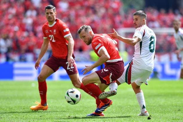 Soccer UEFA EURO 2024 Group Stage 1 Matchday Hungary Switzerland on 15 06 2024 at Köln Stadion in Cologne Silvan Widmer Switzerland , left Adam Nagy Hungary , right xRx