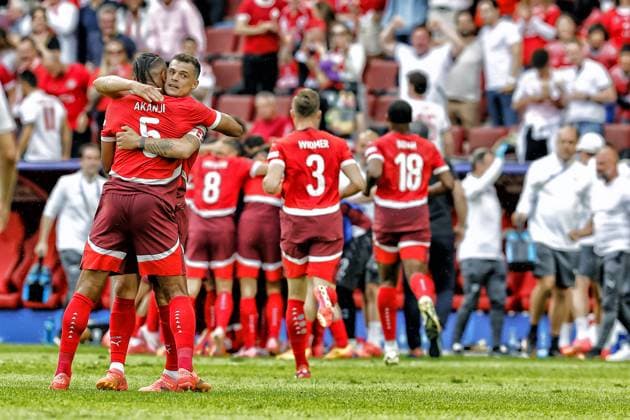 COLOGNE, RheinEnergie Stadium, 15-06-2024 , European Football Championship Euro2024, Group stage match no.2 between Hungary and Switzerland. Switzerland player Manuel Akanji and Switzerland player Granit Xhaka celebrate a goal Hungary - Switzerland (Euro2024)  x25494988x Copyright: