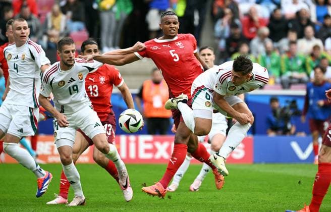 Football, European Championship, EURO 2024, Group A, Rhein Energie Stadium Cologne Hungary Switzerland Willi Orban HUN , Manuel Akanji SUI Action