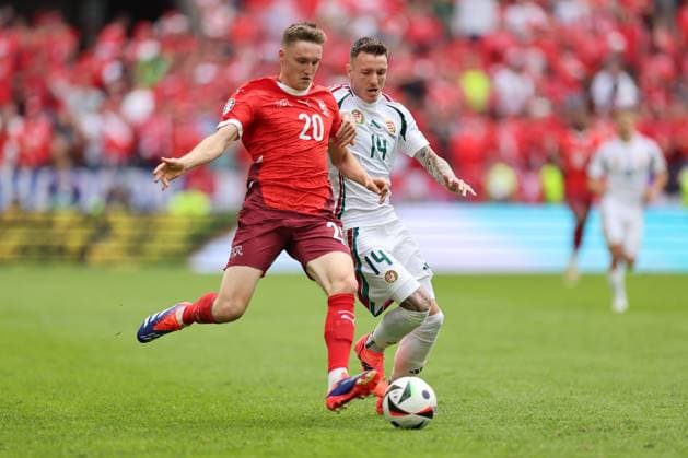 15 06 2024, European Football Championship, UEFA EURO 2024, Hungary Switzerland, Group A, Cologne Stadium, v l , Michel Aebischer Switzerland , Bendeguz Bolla Hungary Copyright: HMBxMedia
