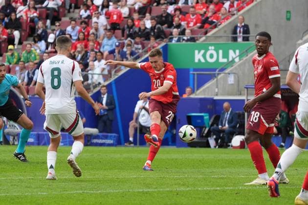 Michel Aebischer Switzerland, Switzerland, Suisse, 20 pulls away and scores the goal to make it 2 0 Cologne 15 06 2024 Switzerland vs Hungary, EURO2024 M2, Group A, EM Arena Cologne