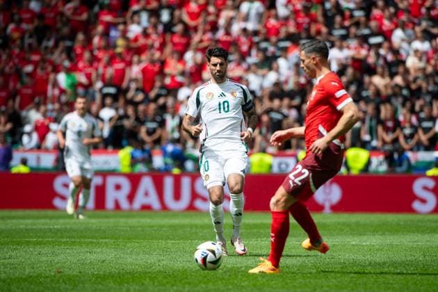 Dominik Szoboszlai Hungary, 10 in duel with Fabian Schaer Switzerland, 22 , GER, Hungary HUN vs Switzerland SUI , European Football Championship, UEFA EURO 2024, Group A, Matchday 1, 15 06 2024 GER, Hungary HUN vs Switzerland SUI , European Football Championship, UEFA EURO 2024, Group A, Matchday 1, 15 06 2024 Koeln Copyright: xEibner-Pressefoto Memmlerx EP_MMR