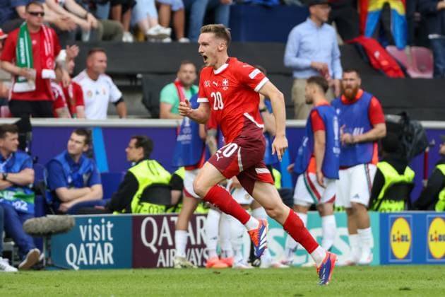 Goal and goal celebration after the 2 0 by Michel Aebischer Switzerland, 20 joy, run, jubilation , Football, UEFA , European Championship, Group A 2024, Hungary vs Switzerland Cologne Cologne Stadium North Rhine-Westphalia Germany Copyright: xGrantxHubbsx
