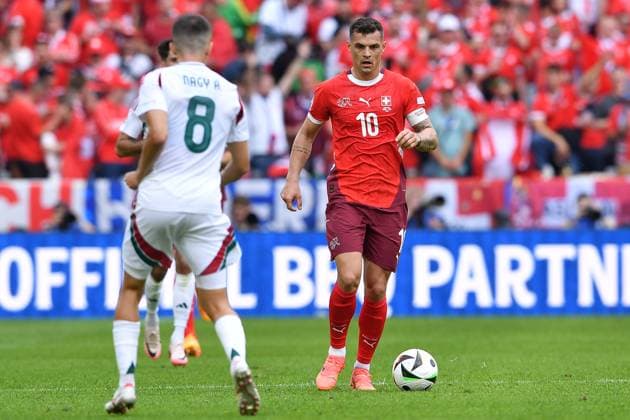 Soccer UEFA EURO 2024 group stage 1 matchday Hungary Switzerland on 15 06 2024 at Köln Stadion in Cologne Adam Nagy Hungary , left Granit Xhaka Switzerland , right xRx