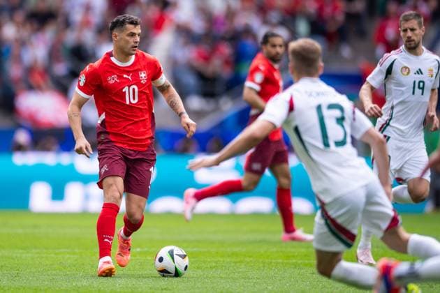 Hungary v Switzerland: Group A - UEFA EURO, EM, Europameisterschaft,Fussball 2024 Granit Xhaka of Switzerland is controlling the ball, during the UEFA Euro 2024 Group A football match between Hungary and Switzerland at the Cologne Stadium in Cologne on June 15, 2024. Cologne Germany  Copyright: xHeshamxElsherifx originalFilename:elsherif-hungaryv240615_npFTh.jpg