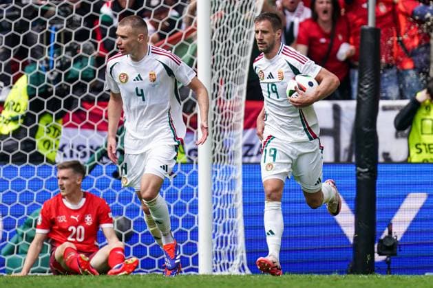 2024-06-15 Hungary v Switzerland - Group A - UEFA EURO, EM, Europameisterschaft,Fussball 2024 COLOGNE, GERMANY - JUNE 15: Barnabas Varga of Hungary celebrates the first goal during the Group A - UEFA EURO 2024 match between Hungary and Switzerland at Cologne Stadium on June 15, 2024 in Cologne, Germany. (Photo by Joris Verwijst BSR Agency) Cologne Germany Content not available for redistribution in The Netherlands directly or indirectly through any third parties. Copyright: xBSRxAgencyx