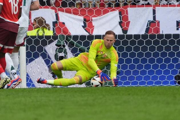 Goalkeeper Goalie Peter Gulacsi Hungary, Hungary, 01 holds Cologne 15 06 2024 Switzerland vs Hungary, EURO2024 M2, Group A, EM Arena Cologne