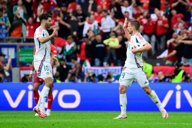 Goal celebration for 1 2 by Barnabas Varga 19 Hungary , Hungary vs Switzerland, Football, UEFA Euro 2024, Group stage, Matchday 1, 15 06 2024 Cologne North Rhine-Westphalia Germany Copyright: xkolbert-press MarcxNiemeyerx