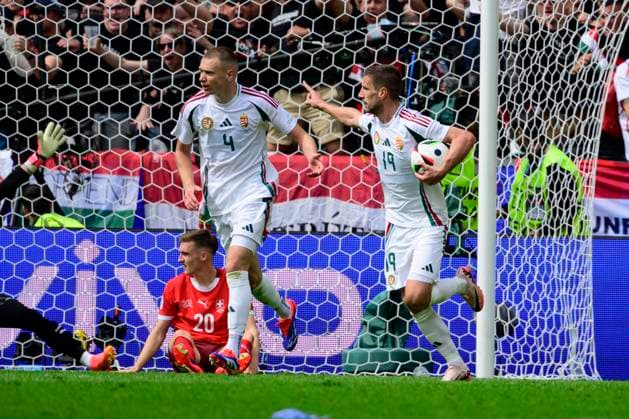 Goal celebration for 1 2 by Barnabas Varga 19 Hungary , Hungary vs Switzerland, Football, UEFA Euro 2024, Group stage, Matchday 1, 15 06 2024 Cologne North Rhine-Westphalia Germany Copyright: xkolbert-press MarcxNiemeyerx