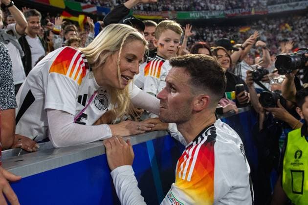 MUNICH, GERMANY - JUNE 14: Pascal Gross with his wife Sina Gross after the UEFA EURO, EM, Europameisterschaft,Fussball 2024 group stage match between Germany and Scotland at Munich Football Arena on June 14, 2024 in Munich, Germany. Photo by Sebastian Frej Germany v Scotland: Group A - UEFA EURO 2024 Copyright: xSebastianxFrej MBxMediax