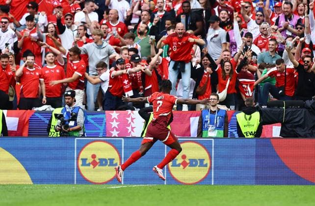 Breel Embolo of Switzerland celebrates scoring to make it 3-1 Hungary v Switzerland, UEFA European Championship, EM, Europameisterschaft 2024, Group A, Football, Cologne Stadium, Cologne, Germany, 15 Jun 2024 EDITORIAL USE ONLY No use with unauthorised audio, video, data, fixture lists, club league logos or live services. Online in-match use limited to 120 images, no video emulation. No use in betting, games or single club league player publications.  Copyright: xMichaelxZemanek Shutterstockx 14539265ce