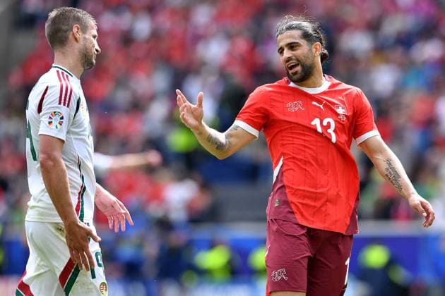 Soccer UEFA EURO 2024 group stage 1 matchday Hungary Switzerland on 15 06 2024 at Köln Stadion in Cologne Barnabas Varga Hungary , left Ricardo Rodriguez Switzerland , right xRx