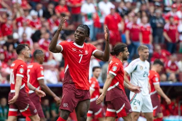Breel Embolo Switzerland, 07 and team celebrate the goal for 1 3, GER, Hungary HUN vs Switzerland SUI , European Football Championship, UEFA EURO 2024, Group A, Matchday 1, 15 06 2024 GER, Hungary HUN vs Switzerland SUI , European Football Championship, UEFA EURO 2024, Group A, Matchday 1, 15 06 2024 Cologne Copyright: xEibner-Pressefoto Memmlerx EP_MMR
