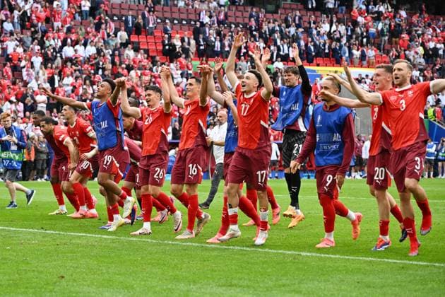 The Swiss players celebrate the victory 15 06 2024, European Football Championship 2024, Preliminary round, 1 Matchday Hungary Switzerland Cologne Rhein Energie Stadium North Rhine-Westphalia Germany Team2