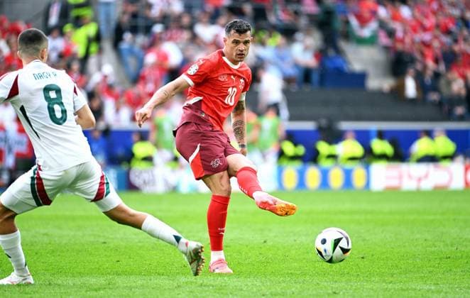 Football, European Championship, EURO 2024, Group A, Rhein Energie Stadium Cologne Hungary Switzerland 3 1 Granit Xhaka SUI Action