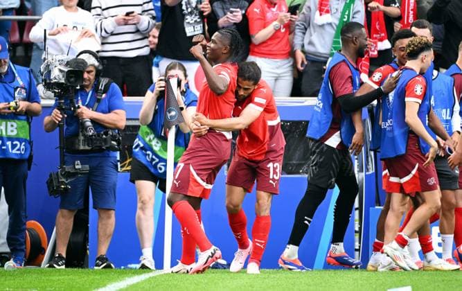 Football, European Championship, EURO 2024, Group A, Rhein Energie Stadion Cologne Hungary Switzerland 3 1 Cheers Breel Embolo SUI after his goal for 1 3 Cheers, joy, action