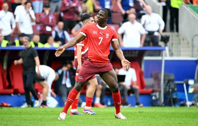 Football, European Championship, EURO 2024, Group A, Rhein Energie Stadion Cologne Hungary Switzerland 3 1 Cheers Breel Embolo SUI after his goal for 1 3 Cheers, joy, action