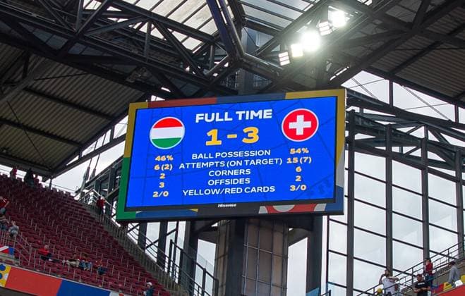 Football, Men, Season 2023 24, Euro 2024 Group A 1 Matchday in Cologne, Hungary Switzerland, Scoreboard with 1 3 final score and statistics, 15 06 2024, Copyright: xSebastianxRäppold MatthiasxKochx