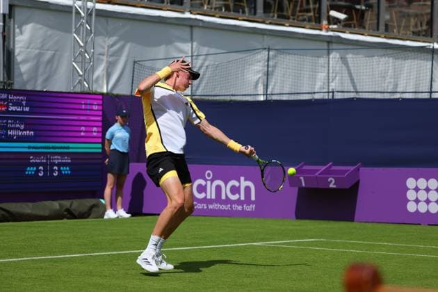 15th June 2024; Cinch Championships, Queens Club, West Kensington, London, England: Cinch Championships Queens Club, Qualifying Day 1; Henry Searle (GBR) with a forehand shot to Rinky Hijikata (AUS)  ActionPlus12654907 JohnxPatrickxFletcher