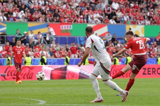 Cologne, Germany, 15th June 2024. Michel Aebischer of Switzerland scores to give the side a 2-0 lead during the UEFA European Championships match at Cologne Stadium, Cologne. Picture credit should read: Jonathan Moscrop Sportimage EDITORIAL USE ONLY. No use with unauthorised audio, video, data, fixture lists, club league logos or live services. Online in-match use limited to 120 images, no video emulation. No use in betting, games or single club league player publications. SPI-3181-0034