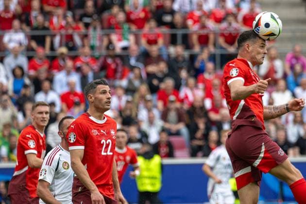 GER, EURO 2024, Group A, Hungary HUN vs Switzerland SUI 15 06 2024, Cologne Stadium, Cologne, GER, EURO 2024, Group A, Hungary HUN vs Switzerland SUI In the picture Granit Xhaka Switzerland SUI, 10 header header duel dynamics, action, action, game scene in duel, duel, dynamics, action, action, game scene nordphotoxGmbHxx xDenkinger nph00015