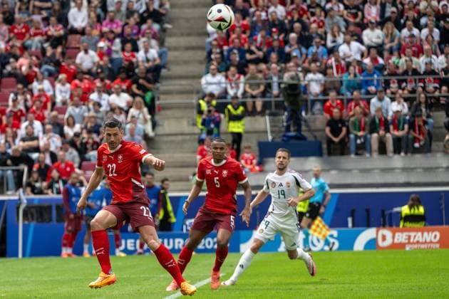 GER, EURO 2024, Group A, Hungary HUN vs Switzerland SUI 15 06 2024, Cologne Stadium, Cologne, GER, EURO 2024, Group A, Hungary HUN vs Switzerland SUI In the picture Fabian Schär Switzerland SUI, 22 strong defense, single action, full body full body cropping, single image, action, action, game scene gestures, facial expressions, emotions nordphotoxGmbHxx xDenkinger nph00015