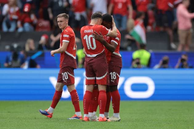 Cologne, Germany, 15th June 2024. Kwadwo Duah of Switzerland celebrates with team mates after scoring to give the side a 1-0 lead during the UEFA European Championships match at Cologne Stadium, Cologne. Picture credit should read: Jonathan Moscrop Sportimage EDITORIAL USE ONLY. No use with unauthorised audio, video, data, fixture lists, club league logos or live services. Online in-match use limited to 120 images, no video emulation. No use in betting, games or single club league player publications. SPI-3181-0041