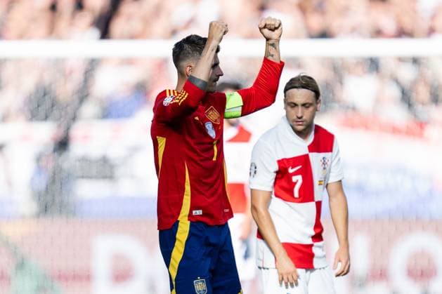 240615 Alvaro Morata celebrates after 1 0 during the UEFA Euro 2024 Football Championship match between Spain and Croatia on June 15, 2024 in Berlin Photo Mathias Bergeld BILDBYRAN kod MB MB0935 fotboll football soccer fotballs em europamästerskap em uefa euro uefa european football championship euro 2024 spanien spain kroatien croatia bbeng jubel  Copyright: MATHIASxBERGELD BB240615MB052