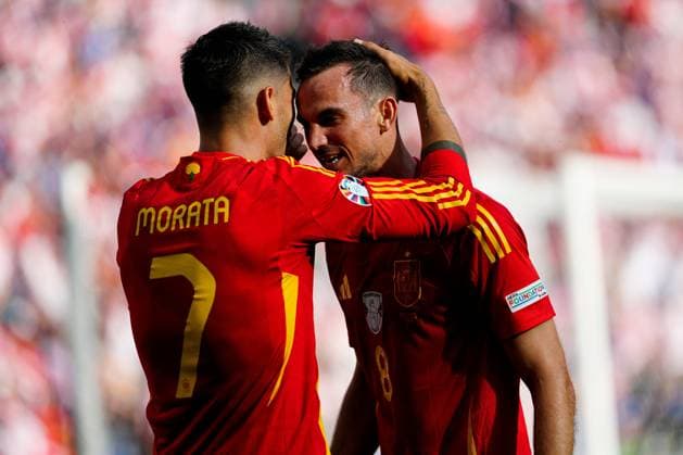 Fabian Ruiz of Spain celebrates scoring the goal for their side with their teammates to make it 2-0 Spain v Croatia, UEFA European Championship, EM, Europameisterschaft 2024, Group B, Football, Olympiastadion, Berlin, Germany, 15 Jun 2024 EDITORIAL USE ONLY No use with unauthorised audio, video, data, fixture lists, club league logos or live services. Online in-match use limited to 120 images, no video emulation. No use in betting, games or single club league player publications. Copyright: xDavexShopland Shutterstockx 14539285aa