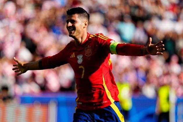Ãlvaro Morata of Spain celebrates scoring a goal for their side to make it 1-0 Spain v Croatia, UEFA European Championship, EM, Europameisterschaft 2024, Group B, Football, Olympiastadion, Berlin, Germany, 15 Jun 2024 EDITORIAL USE ONLY No use with unauthorised audio, video, data, fixture lists, club league logos or live services. Online in-match use limited to 120 images, no video emulation. No use in betting, games or single club league player publications. Copyright: xDavexShopland Shutterstockx 14539285af