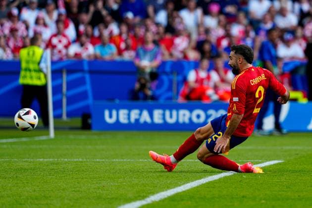 Daniel Carvajal of Spain scores a goal for their side to make it 3-0 Spain v Croatia, UEFA European Championship, EM, Europameisterschaft 2024, Group B, Football, Olympiastadion, Berlin, Germany, 15 Jun 2024 EDITORIAL USE ONLY No use with unauthorised audio, video, data, fixture lists, club league logos or live services. Online in-match use limited to 120 images, no video emulation. No use in betting, games or single club league player publications.  Copyright: xDavexShopland Shutterstockx 14539285as