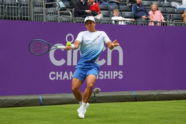 15th June 2024; Cinch Championships, Queens Club, West Kensington, London, England: Cinch Championships Queens Club, Qualifying Day 1; Mackenzie McDonald (USA) with a forehand shot to Paul Jubb (GBR)  ActionPlus12654974 JohnxPatrickxFletcher