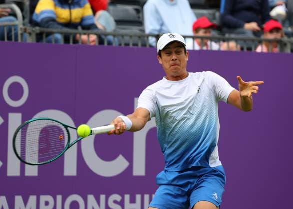 15th June 2024; Cinch Championships, Queens Club, West Kensington, London, England: Cinch Championships Queens Club, Qualifying Day 1; Mackenzie McDonald (USA) with a forehand shot to Paul Jubb (GBR)  ActionPlus12654978 JohnxPatrickxFletcher