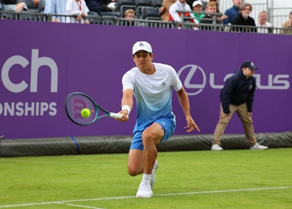 15th June 2024; Cinch Championships, Queens Club, West Kensington, London, England: Cinch Championships Queens Club, Qualifying Day 1; Mackenzie McDonald (USA) with a forehand shot to Paul Jubb (GBR)  ActionPlus12654981 JohnxPatrickxFletcher