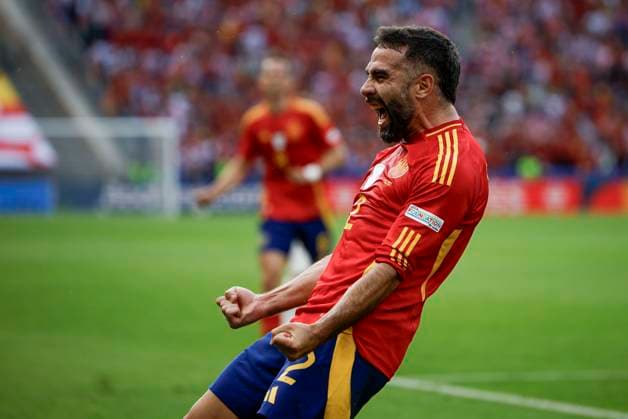 Spain s Dani Carvajal jubilates after scoring the 3-0 during the EURO 2024 group B soccer match between Spain and Croatia at the Olympiastadion Berlin in Berlin, Germany, 15 June 2024. Spain vs. Croatia !ACHTUNG: NUR REDAKTIONELLE NUTZUNG!  Copyright: xAlbertoxEstevezx GRAF1535 20240615-55013882002_1