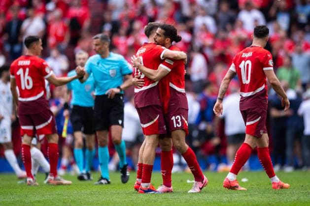 Hungary v Switzerland: Group A - UEFA EURO, EM, Europameisterschaft,Fussball 2024 Michel Aebischer and Ricardo Rodriguez (L-R) of Switzerland are celebrating victory during the UEFA EURO 2024 group stage match between Hungary and Switzerland at Cologne Stadium in Cologne, Germany, on June 15, 2024. Cologne Germany  Copyright: xHeshamxElsherifx originalFilename:elsherif-notitle240615_np1MW.jpg