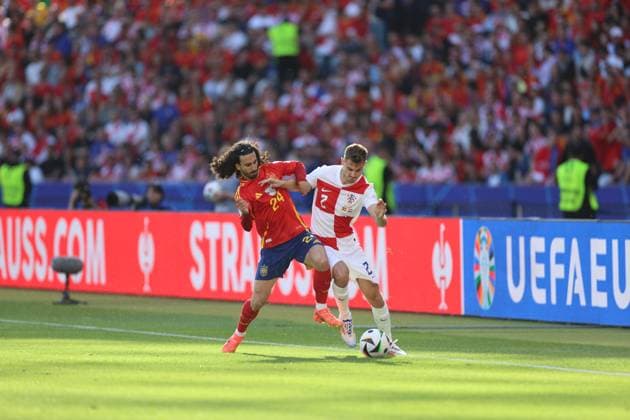 Spain v Croatia: Group B - UEFA EURO, EM, Europameisterschaft,Fussball 2024. Marc Cucurella of Spain and Josip Stanisic of Croatia are in action during the UEFA EURO 2024 group stage match between Spain and Croatia at Olympiastadion Berlin in Berlin, Germany, on June 15, 2024. Berlin Germany  Copyright: xMohamadxHosainix originalFilename:amirhosseini-spainvcr240615_npHCN.jpg
