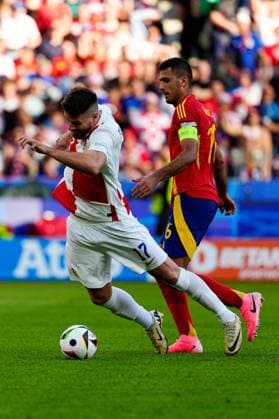 Rodri of Spain fouls Bruno Petkovic of Croatia in the box and concedes a penalty Spain v Croatia, UEFA European Championship, EM, Europameisterschaft 2024, Group B, Football, Olympiastadion, Berlin, Germany, 15 Jun 2024 EDITORIAL USE ONLY No use with unauthorised audio, video, data, fixture lists, club league logos or live services. Online in-match use limited to 120 images, no video emulation. No use in betting, games or single club league player publications.  Copyright: xDavexShopland Shutterstockx 14539285cr