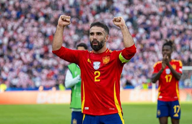 Football - UEFA EURO, EM, Europameisterschaft,Fussball 2024 - Group B - Spain v Croatia BERLIN, GERMANY - Saturday, June 15, 2024: Spain s Dani Carvajal celebrates after the UEFA Euro 2024 Group B match between Spain and Croatia at the Olympiastadion. Spain won 3-0. (Photo by David Rawcliffe Propaganda) BERLIN Olympiastadion BERLIN GERMANY  Copyright: xDavidxRawcliffex P2024-06-15-Spain_Croatia-73