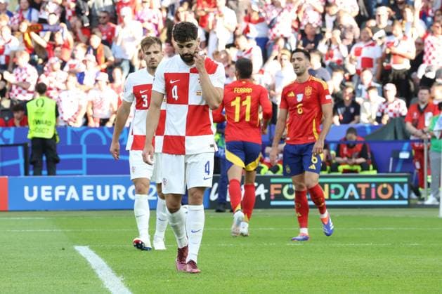 DEU, GER, Euro 2024, Group B, ESP vs CRO, 15 06 2024, Berliner Olympiastadion, Berlin, DEU, GER, Euro 2024, Group B, ESP vs CRO, in the picture Josko Gvardiol Croatia 4 , Marin Pongracic Croatia 3 Photo Juergen Engler nordphoto GmbH nordphotoxGmbHx xEngler nph00076