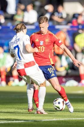 15th June 2024; Olympiastadion, Berlin, Germany; Euro 2024 Group B Football, Spain versus Croatia; Lovro Majer (CRO) challenges Dani Olmo (ESP)  ActionPlus12655025 TomaszxJastrzebowski