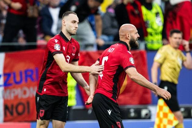 240615 Mario Mitaj and Arlind Ajeti of Albania celebrate after 0 1 during the UEFA Euro 2024 Football Championship match between Italy and Albania on June 15, 2024 in Dortmund Photo Jesper Zerman BILDBYRAN kod JZ JZ0538 fotboll football soccer fotball fotballs em europamästerskap em uefa euro uefa european football championship euro 2024 italy albanien albania bbeng jubel  Copyright: JESPERxZERMAN BB240615JZ036