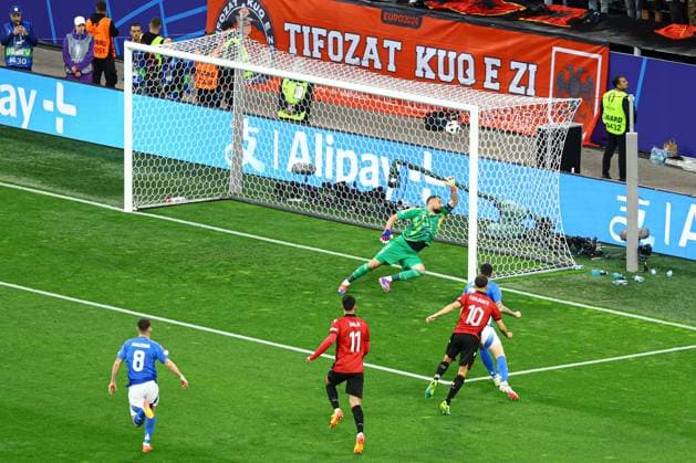 Nedim Bajrami of Albania scores to make it 0-1 Italy v Albania, UEFA European Championship, EM, Europameisterschaft 2024, Group B, Football, BVB Stadion, Dortmund, Germany, 15 Jun 2024 EDITORIAL USE ONLY No use with unauthorised audio, video, data, fixture lists, club league logos or live services. Online in-match use limited to 120 images, no video emulation. No use in betting, games or single club league player publications. Copyright: xKieranxMcManus Shutterstockx 14539296al