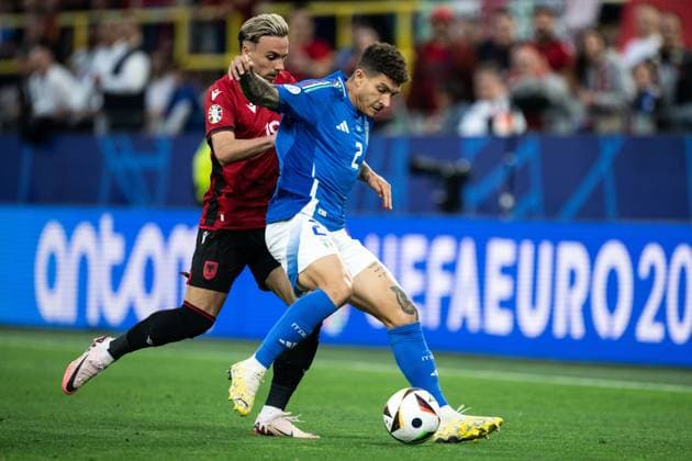 240615 Taulant Seferi of Albania and Giovanni Di Lorenzo of Italy during the UEFA Euro 2024 Football Championship match between Italy and Albania on June 15, 2024 in Dortmund Photo Jesper Zerman BILDBYRAN kod JZ JZ0538 fotboll football soccer fotball fotbolls em europamästerskap em uefa euro uefa european football championship euro 2024 italy albanien albania bbeng  Copyright: JESPERxZERMAN BB240615JZ041