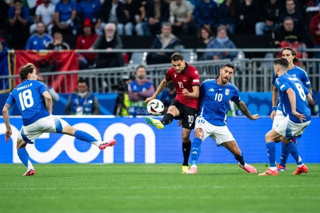 240615 Nedim Bajrami of Albania and Lorenzo Pellegrini of Italy during the UEFA Euro 2024 Football Championship match between Italy and Albania on June 15, 2024 in Dortmund Photo Jesper Zerman BILDBYRAN kod JZ JZ0538 fotboll football soccer fotball fotballs em europamästerskap em uefa euro uefa european football championship euro 2024 italy albanien albania bbeng  Copyright: JESPERxZERMAN BB240615JZ043