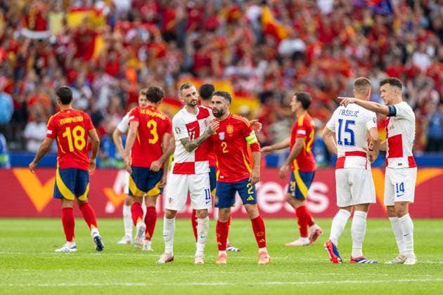 Spain v Croatia, UEFA EURO, EM, Europameisterschaft,Fussball 2024, Berlin, Germany Berlin, Germany. 15th, June 2024. Dani Carvajal (2) of Spain and Marcelo Brozovic (11) seen fter the UEFA Euro 2024 match in Group B between Spain and Croatia at Olympiastadion in Berlin. Berlin Germany  Copyright: xGonzalesxPhoto FrederikkexJensenx